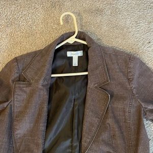 Two piece denim pants suit jacket has quarter sleeves from Dressbarn size medium